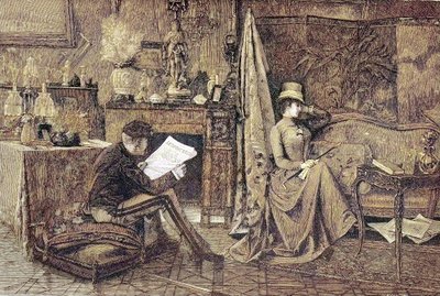 Madame Sulking, par, han läser tidningen och hon sitter i soffan och är kränkt av Unknown artist