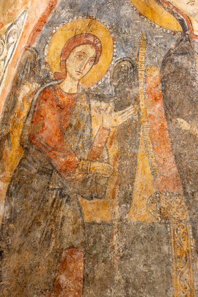 Madonna med barn mellan ärkeänglarna, detalj av den vänstra ärkeängeln av Unknown artist