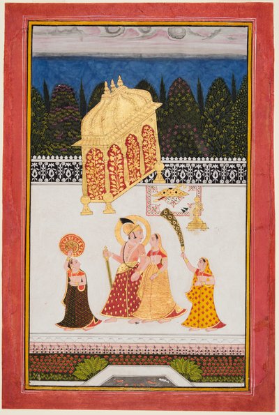 Maharana Ari Singh II av Mewar (f. 1761–73) med sin gemål på en terrass av Unknown artist