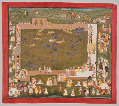 Maharana Sangram Singh II av Mewar (f. 1710–34) och arrangerar en galtjakt med tigrar vid Sadri av Unknown artist