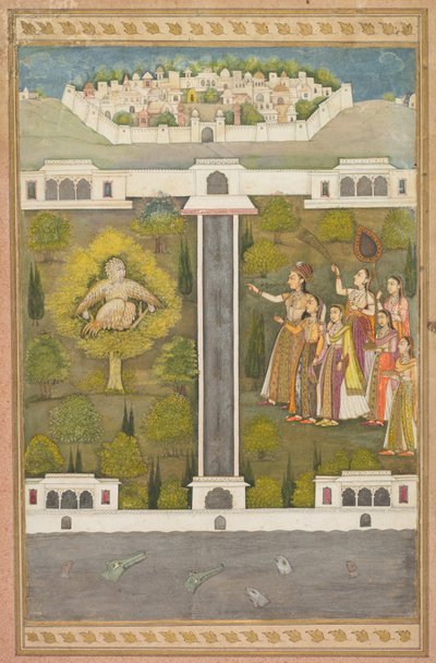 Mahliqa, dotter till kejsaren av Kina, pekar på fågelmannen Khwaja Mubarak: Ett blad från en poetisk romans som relaterar till Shah Alam I (verso); Stencilerade scener av lejon och gasell (verso) av Unknown artist