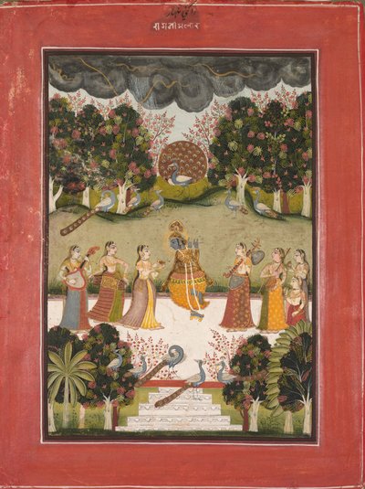 Malar Ragini: Krishna spelar flöjt till Seven Gopis som håller musikinstrument, från Ragamala-serien av Unknown artist