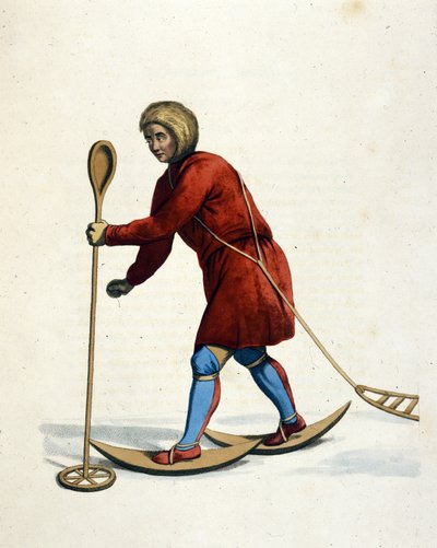 Man av Ostiak-stammen (Khanty eller Khante) (Sibirien) åker skidor. Gravyr av "Det ryska imperiets kostym" London 1803. av Unknown artist