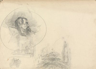 Man med huva och landskap av Unknown artist
