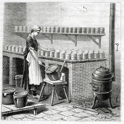 Tillverkning av camembertost (ostmassa hälls i musslor) - i "" Industrins underverk"" av Louis Figuier av Unknown artist