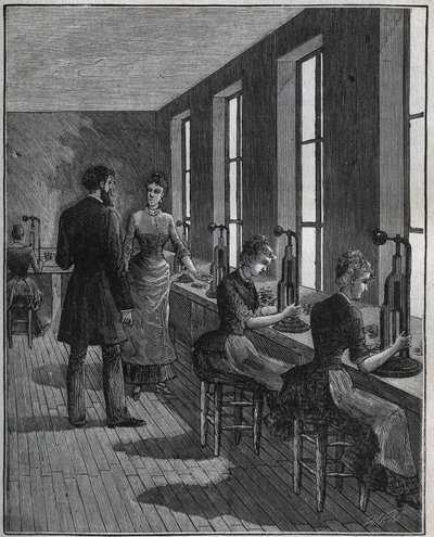 Tillverkning av metallfjädrar: decoupageverkstad i Frankrike på 1800-talet. Gravyr från 1885 i "" Les arts et metiers illustres"" av Adolphe BITARD. av Unknown artist