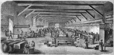 Tillverkning av senap och konserver på Louit freres i bordeaux. Flaskor och förpackningsrum. Gravyr från 1865. av Unknown artist