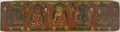 Manuskriptomslag med Buddha, två bodhisattvor och två skyddsgudar (Lokapalas) av Unknown artist