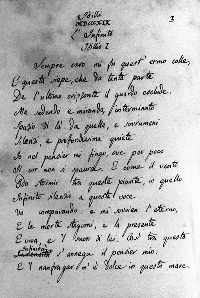 Manuskript av "" Idilli"" (Idyllerna) av den italienske poeten Giacomo Leopardi (1798 - 1837) 1800-talet av Unknown artist