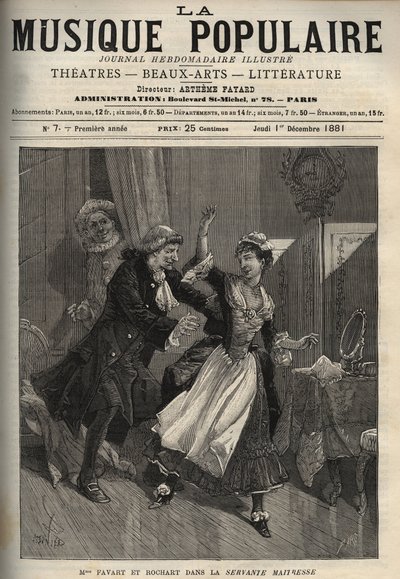 Marie Justine Benoite Duronceray, kallad Madame Favart, och Rochart (Rochard) i "Servante Maitresse" (Serva padrona) av Pergolese (Giovanni Battista Pergolesi) - gravyr i "" Popular Music""" berömda veckotidning - 1882 av Unknown artist