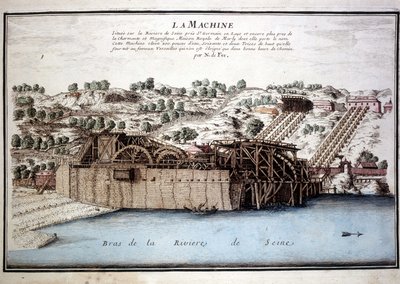 Marly de Rennequins maskin brukade driva Seines vatten till Versailles via Marly-akvedukten. Gravyr från 1700. av Unknown artist
