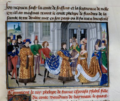 Äktenskap mellan Philippe Auguste (1165-1223) och Isabelle de Hainault (28 april 1181). Miniatyr i "" Chronicles of Emperors"" av Loyset Liedet (1420-1479) av Unknown artist