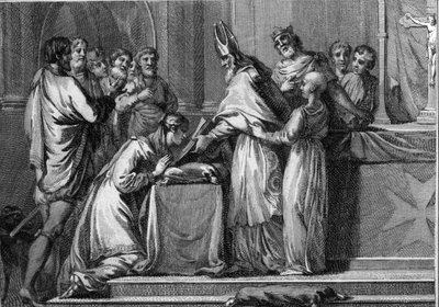 Gift med Sigebert I (535-575), kung av Austrasia och Brunehaut (eller Brunehilde, 543-613), 566. Gravyr från 1700-talet. av Unknown artist