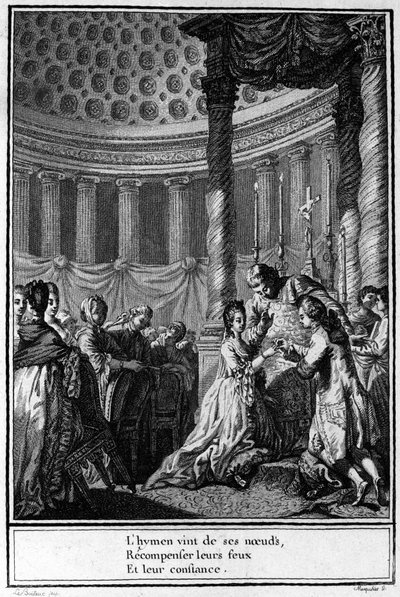 Äktenskap med kyrkan. "Mödomshinnan kommer från sina knutar för att belöna deras bränder och deras förtroende." Fransk gravyr från 1700-talet. av Unknown artist