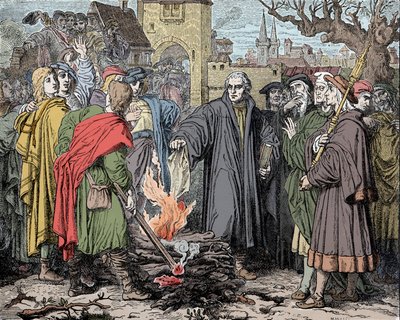 Martin Luther (1483-1546) en Wittenberg bränner den bannlysningsbubbla som gjordes av påven Leon X av Unknown artist