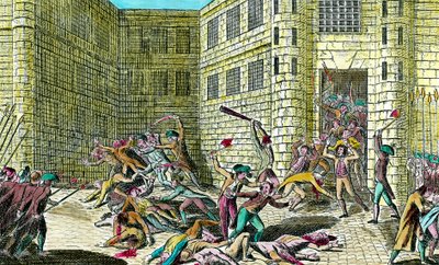 Massaker av fångarna i Saint Germain-klostret av folket i september 1792. Scen för den franska revolutionen. Gravyr av 1700-talet. Privat samling. av Unknown artist