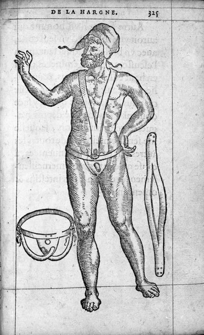 Medicin: ett hernialbälte. Gravyr från "" De la hargne"" av den franska läkaren och kirurgen Ambroise Pare (1509-1590) 1500-talet av Unknown artist