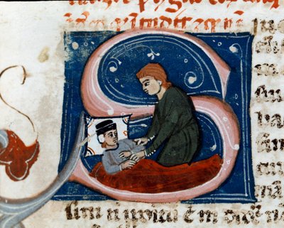Medicin: sjuk person läker hemma. Detalj. Manuskriptsida (ms.d.xxv) “” Treat of Galien”” (Trattato di Galeno) översatt av Nicola da Reggio, filologläkare. 1300-talets Cesena, Biblioteca Malatestiana av Unknown artist