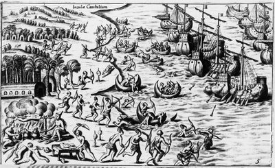 Möte mellan folket i Christopher Columbus och kannibalerna - i "New Tipus After the Voyage of the New World" av Philoponus Honorius av Unknown artist