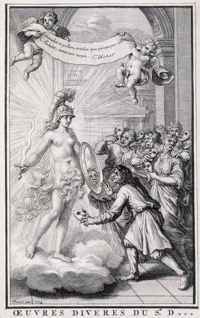 Män tittar på sig själva utan sina masker framför spegeln av sanningens allegori. Gravyr av 1700-talet. av Unknown artist