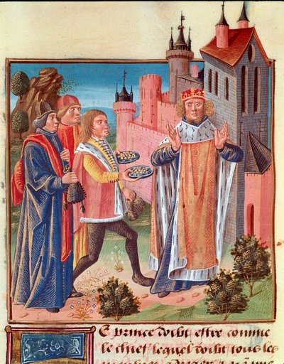 Medeltiden: "" En prins får skatt från sina vasaller""" Miniatyr hämtad från ""The book of good moral""" av Jakob den store av Unknown artist
