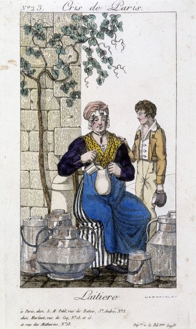 Mjölk som häller mjölk i en flaska för en ung man - i "" Cris de Paris", deb. 1800-talet av Unknown artist