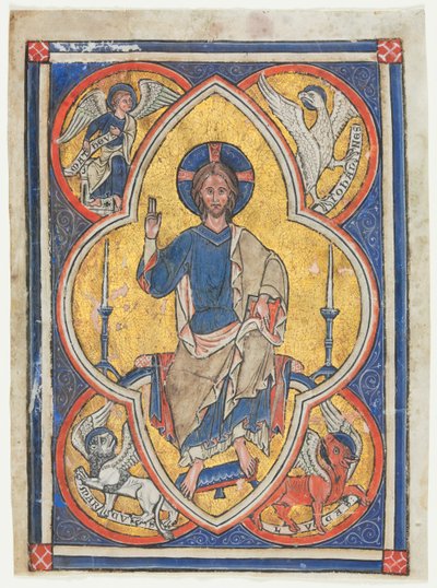 Miniatyr utskuren från en psalter: Kristus i majestät med symboler för de fyra evangelisterna av Unknown artist