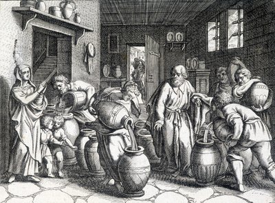 Mirakel av Elisee, biblisk profet och lärjunge till Elia som med sin mantel förmedlar sin ande och krafter till honom. Gravyr från 1724. av Unknown artist