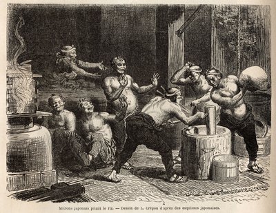 Mitroner dunkar ris, innan det bryggs för att göra risöl. Gravyr för att illustrera resan till Japan, av Aime Humbert, minister för Schweiziska edsförbundet, 1863-1864, publicerad i "" Le tour du monde""" 1869, redigerad av Edouard Charton, upplaga Hach av Unknown artist