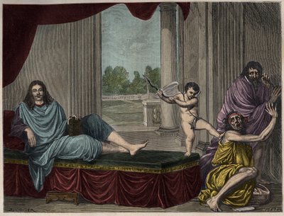 Moliere Jean Baptiste Poquelin (1622-1673) frammanar komedins ande för att förkasta laster och förgöra hyckleriet - Gravyr efter en målning som försvann från 1600-talet av Unknown artist