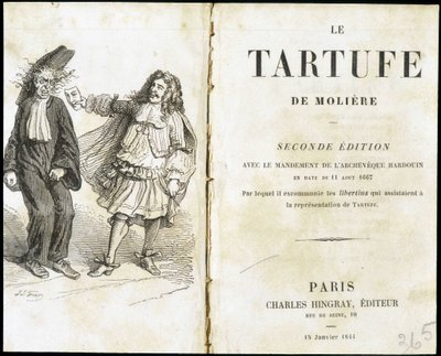 Moliere skrämmer en kyrkoherde med hjälp av en teatermask - Frontispice du "Tartuffe" (Tartufe) de Molière, red. Hingray, Paris av Unknown artist