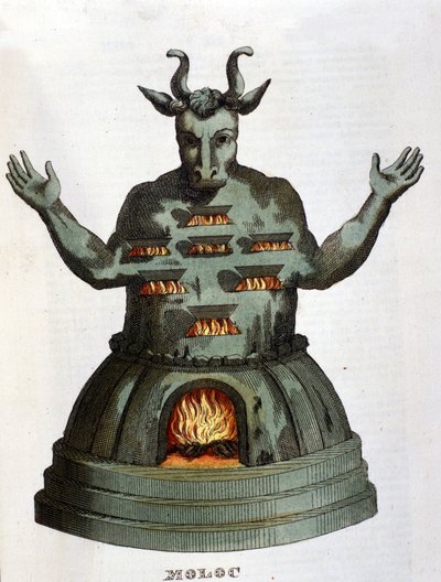 Moloch. Forntida karthagiska gudom. Vi offrade barnen till honom genom att kasta dem i lågorna. Gravyr av 1800-talet. av Unknown artist