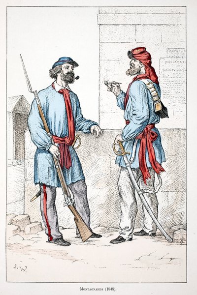 Bergsklättrare (1848). Etsning i färger, för illustration "" History of the Corps of Peacekeepers""" bok publicerad under beskydd av Louis Lepine (1846-1933), prefekt för polisen på Seine, av Alfred Rey (1864-?) och Louis Feron (1862) -?), editi av Unknown artist
