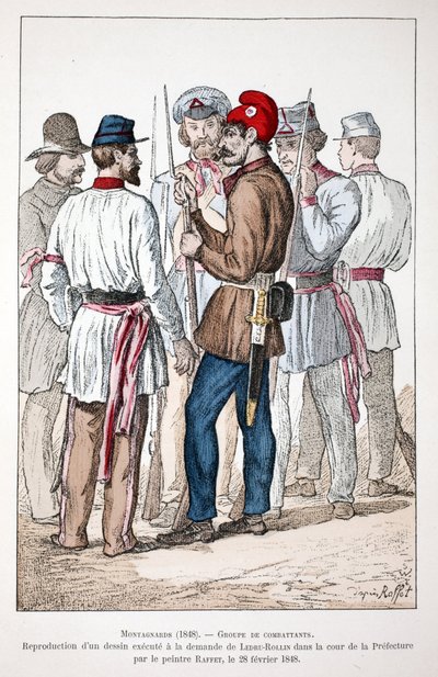 Montagnards (1848), en grupp kämpar, varav en bär den frygiska mössan och den revolutionära kokarden. Eau forte en couleurs, reproduktion av en teckning utförd på begäran av Alexandre Ledru-Rollin (Ledru Rollin) (1807-1874) på gården till av Unknown artist