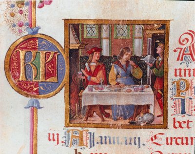 Januari månad: bankettscen. Miniatyr från Breviary of Hercules (Ercole) I d