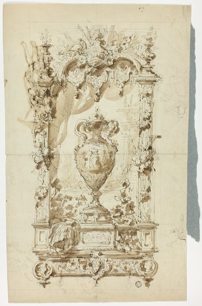 Monumental vas i prydnadsram (recto); Skiss av stående man med parasoll och papegoja samt arkitektoniska studier (verso) av Unknown artist