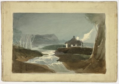 Måne över stuga vid vattenfall (recto); Torn och stadshus med halmtak (verso) av Unknown artist