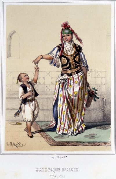 Morisk kvinna åtföljd av ett barn hemma i Alger under andra hälften av 1800-talet. av Unknown artist