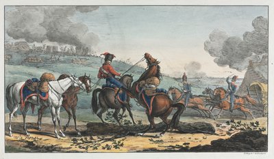 Beriden artillerist som leder tre hästar av Unknown artist