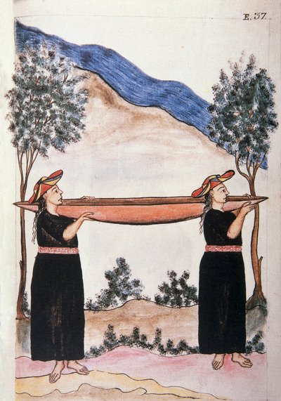 Moyobamba-indianer som bär sin kanot, från boken "Trujillo del Peru" eller "Codex Martinez Companion", av Baltazar Martinez Companion och Bujanda, biskop av Trujillo (1782-1785) av Unknown artist