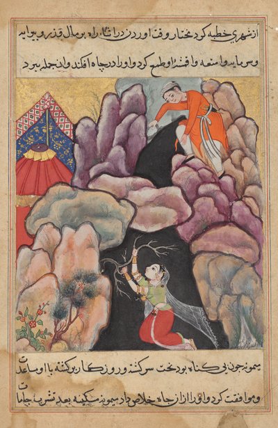 Mukhtar kastar sin fru Maimuna i gropen, men hon räddar sig själv från en Tuti-nama (Berättelser om en papegoja): Twenty-fifth Night av Unknown artist