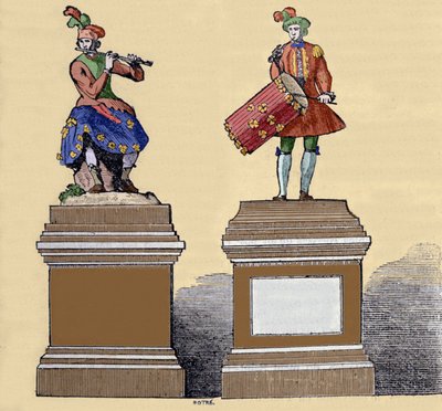 Musiker automater: "" The traversiere flute player"" (1737) och "" Tambourine player" (1738). De är gjorda av Jacques de Vaucanson (1709-1782), fransk ingenjör. av Unknown artist