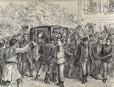 NATALIA av Serbien (1859-1941). Prinsessa av Serbien från 1875 till 1882 och därefter drottning av Serbien från 1882 till 1889, som hustru till Milan I av Serbien. Drottning Natalies fördrivning från Serbien: studenterna räddar quuen från gendarmerna av Unknown artist
