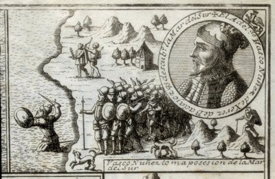NUNEZ DE BALBOA, Vasco (1475-1517). Engelsk upptäckare och erövrare. Spanien. Spansk kolonisering (1513). Vasco Nunez tar Södra havet i besittning. Bild från 1728. Gravyr. av Unknown artist