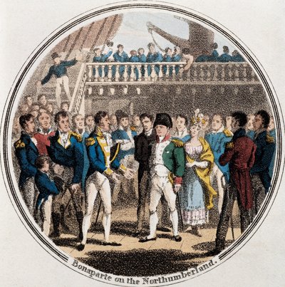 Napoleon Bonaparte och den engelske amiralen George Cockburn på Northumberland tillsammans med Madame Bertrand (färg litho) av Unknown artist