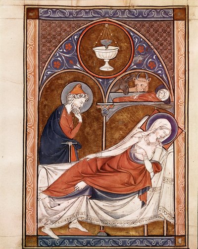 Födelse: Jungfru Maria är representerad här liggande på en säng Sida hämtad från manuskriptet "" Psalterium Cum Calendario"" Padua från 1200-talet, seminariets bibliotek av Unknown artist
