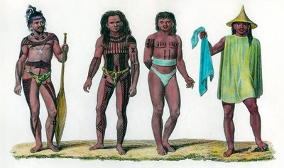 Naturliga öar Uros Penelope och Aouar, befolkningen på den oceaniska kontinenten. 1700-talsgravyr. Privat samling. av Unknown artist