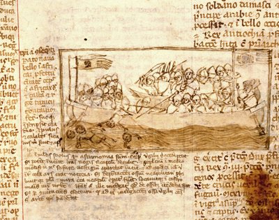Sjöstrid mellan saracener och korsfarare 1120. Enligt manuskriptet "Pilgrimsfärden till det heliga landet" från 1100-talet. Marciana, Venedig. av Unknown artist