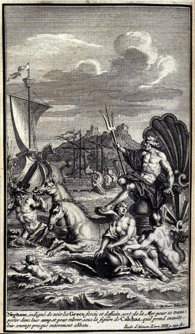 Neptunus, ovärdig att se grekernas krafter och handlingar, lämnar havet för att transportera sig till deras läger och för att resa sig upp under Calchas gestalt som han sedan tar, deras mod nästan helt förstört. Illustration av bok XIII av Iliaden av av Unknown artist