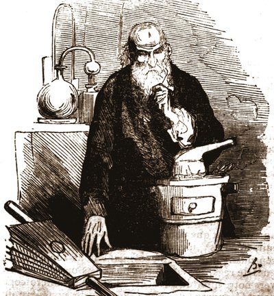 Nicolas Flamel (1330 - 1418) i sitt laboratorium. av Unknown artist
